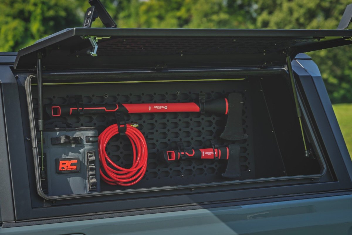 Jeep Gladiator Bed Cap MOLLE Panel Storage Bin - Driver Side - Rough Country - Integrated LED Lighting, Powder-Coated - '20-'25